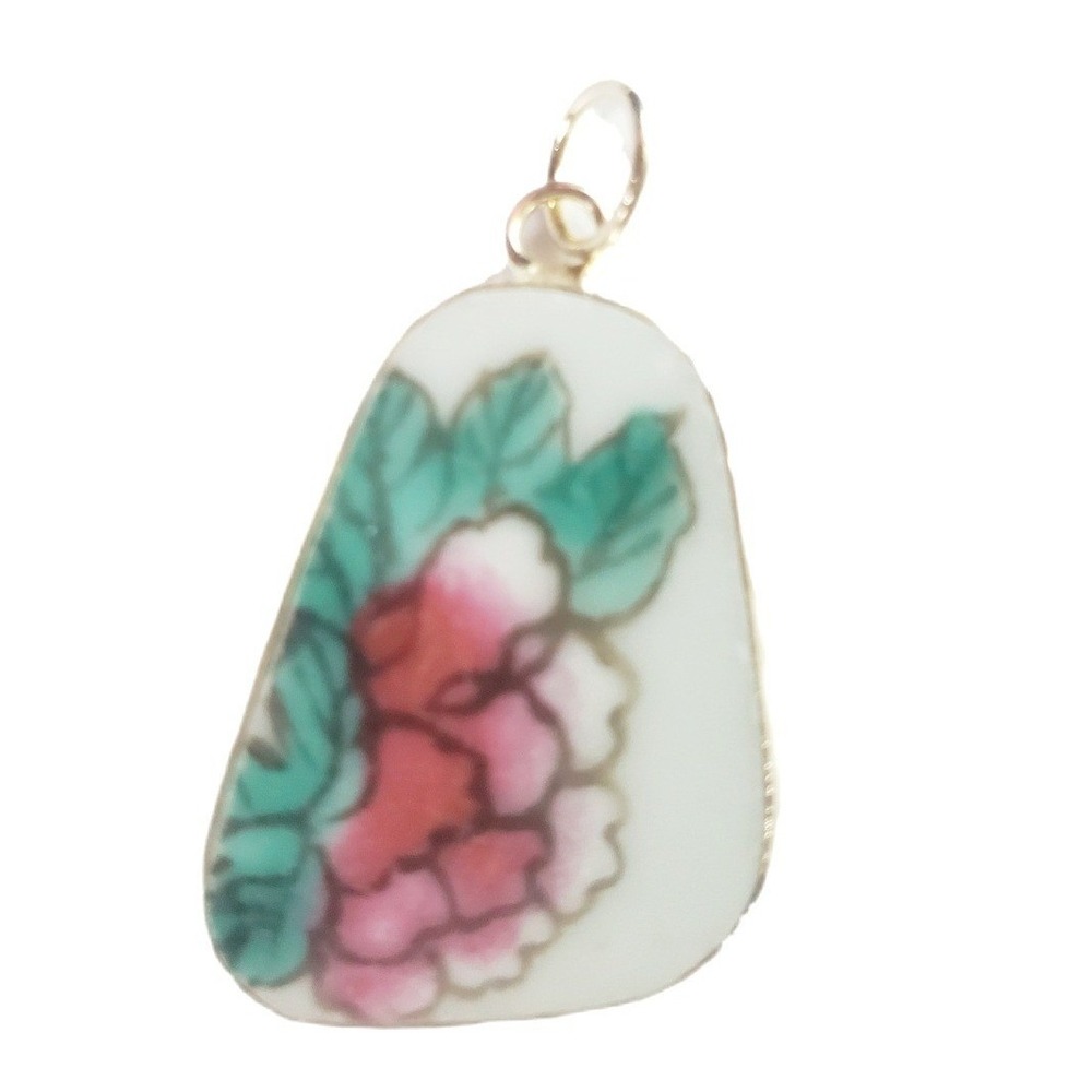 Pink Floral Peony Pendant Vintage Broken‎ China Porcelain Pottery Shard Jewelry